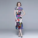 LE1244 in Stock Boutique Womens 2 Piece Sets High Quality Fabric Short-Sleeved Top Miyake Pleated Printed Long Pleated Skirt