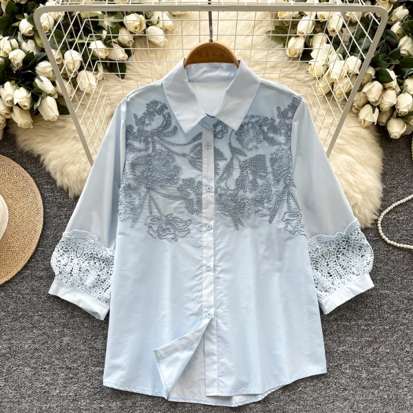 LW0747 2025 New High-Grade Hollow Hook Embroidery Lace Lantern Sleeve Slim Chic Shirts for Women Tops - Image 4