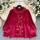 LW0704 Chic Blouse Women'S High-Grade Lace Patchwork Single Breasted Long Sleeve Temperament Blouses for Lady