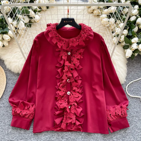 LW0704 Chic Blouse Women'S High-Grade Lace Patchwork Single Breasted Long Sleeve Temperament Blouses for Lady - Image 5
