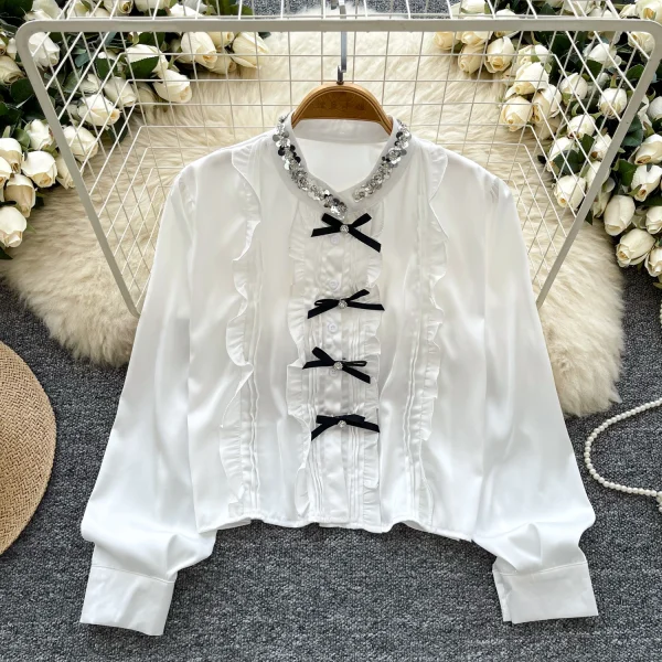 LW0823 Light Style Sequin Stand Collar Long Sleeve Satin Shirt Slimming Top For Women Blouses Elegant Women Ladies - Image 5