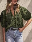 2025 Cross-border Women's Summer Blouse Fashion Casual Lantern Sleeves V-neck Button Openwork Lace Embroidery Shirt