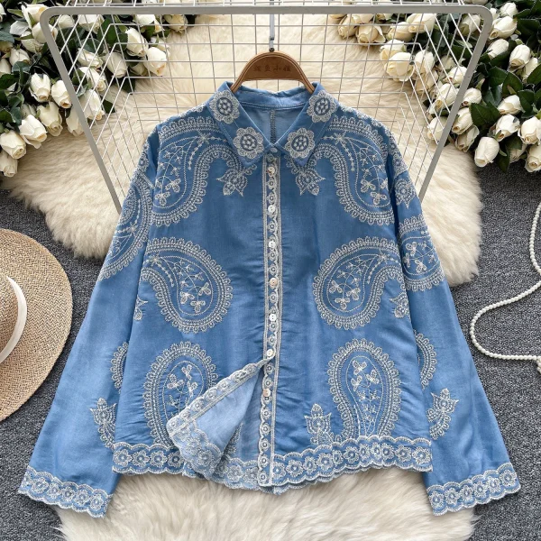 LW0655 Vintage Style Embroidery Shirt Women'S Loose Casual Long-Sleeved Blouse Shirts for Women Tops