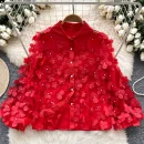 LW0653 Heavy Nail Bead Three-Dimensional Flower Long Sleeve Shirt Women Light Luxury Lantern Sleeve Blouses Elegant Women