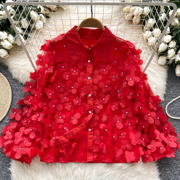LW0653 Heavy Nail Bead Three-Dimensional Flower Long Sleeve Shirt Women Light Luxury Lantern Sleeve Blouses Elegant Women