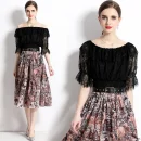 LE1776 2025 Summer Dress Ladies Sexy Two Piece Set Square Collar Lace Top Printed Pleated Skirt Celebrity Dating Slimming Set
