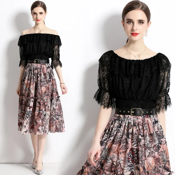 LE1776 2025 Summer Dress Ladies Sexy Two Piece Set Square Collar Lace Top Printed Pleated Skirt Celebrity Dating Slimming Set