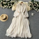 LE2579 Women Boutique Pleated Elegant Party Dresses Female Diamond-Embedded Lantern Long Sleeve Chiffon Evening Gown Women Dress