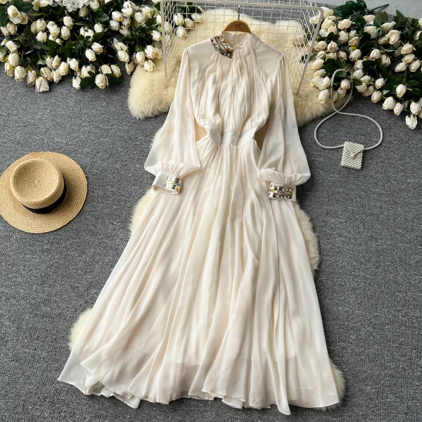 LE2579 Women Boutique Pleated Elegant Party Dresses Female Diamond-Embedded Lantern Long Sleeve Chiffon Evening Gown Women Dress - Image 6