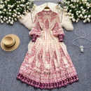 LE2629 Autumn Women Boutique Robe Lantern Long Sleeve Socialite Party Maxi Elegant Lady Dresses Hemp Belt Long Printed Dresses