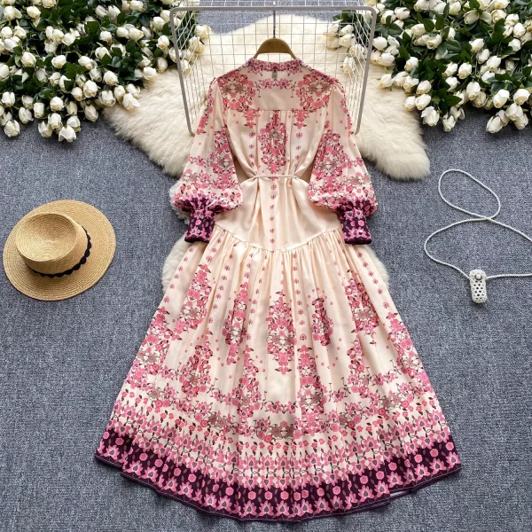 LE2629 Autumn Women Boutique Robe Lantern Long Sleeve Socialite Party Maxi Elegant Lady Dresses Hemp Belt Long Printed Dresses - Image 2
