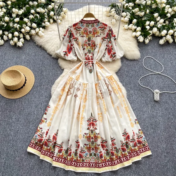 LE2630 Women Boutique Robe Lantern Short Sleeve Socialite Party Maxi Elegant Lady Dresses Hemp Belt Long Printed Dresses Autumn - Image 2