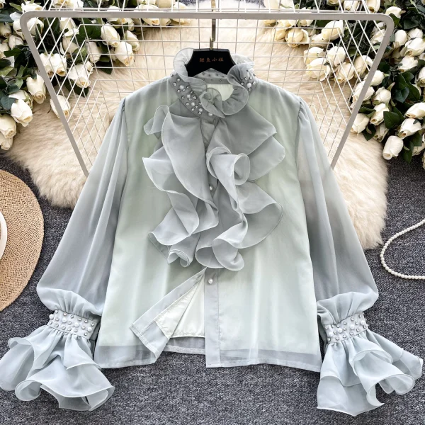 LW0830 Light Luxury Collar Shirt Women'S Autumn Ruffled Edge Diamond Loose Temperament Tops For Women Casual - Image 2
