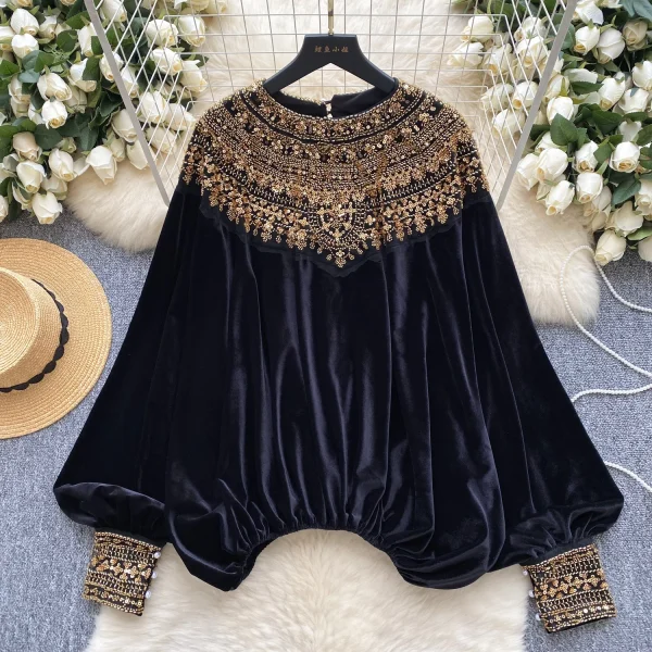 LW0835 Light Luxury Senior Sense Velvet Shirt Women Inlaid Diamond Loose Design Temperament Blouses Elegant Women - Image 2