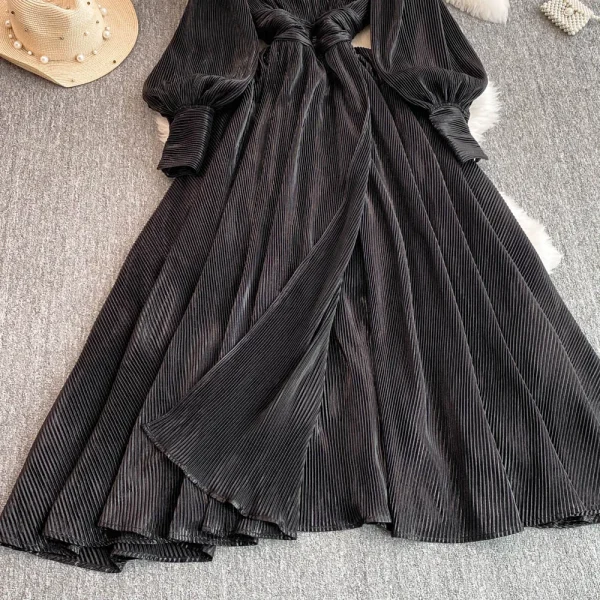 LE4775 Light Mature Wind Retro Temperament Lantern Long Sleeve V-Neck Waist Slimming a Line Pleated Dress Elegant Long Skirt - Image 3