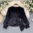 LW0832 Design Sense V-Neck Nail Bead Pleated Long Sleeve Satin Top Women'S Chic Tops For Women Casual Blouses 2025