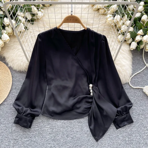 LW0832 Design Sense V-Neck Nail Bead Pleated Long Sleeve Satin Top Women'S Chic Tops For Women Casual Blouses 2025 - Image 3