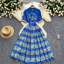 LE2630 Women Boutique Robe Lantern Short Sleeve Socialite Party Maxi Elegant Lady Dresses Hemp Belt Long Printed Dresses Autumn
