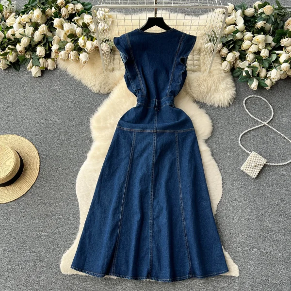 LE2654 Boutique Denim Dresseses Female Korean Metal Button Sleeveless Midi Dress Elegant 2025 New Women'S Long Dress - Image 2