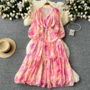 LE2627 Ethnic Beaded V-Neck Printed Dress Temperament Lantern Long Sleeve Long Floral Dresses Women Elegant Holiday Dinner Dress
