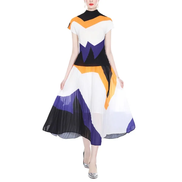 LE1258 Print Miyake  Pleated Short-sleeved T-shirt Loose Elastic Long Skirt 2 Piece Set High Quality Fabric Women's Sets - Image 4