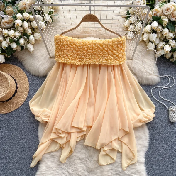 LW0754 Top Sweet Pleated Line Neck Off-The-Shoulder Pure Bubble Sleeve Irregular Shirt Blouses Elegant Women Ladies - Image 3