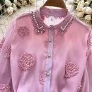 LW0652 Heavy Nail Bead Three-Dimensional Flower Mesh Shirt Women Loose Long Sleeve Blouses Elegant Women