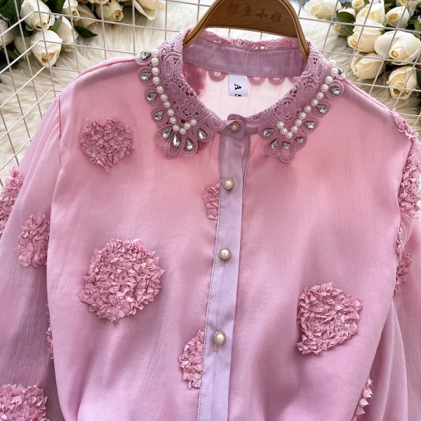 LW0652 Heavy Nail Bead Three-Dimensional Flower Mesh Shirt Women Loose Long Sleeve Blouses Elegant Women - Image 6