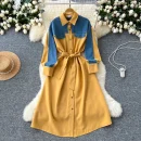 LE2668 Denim Patchwork Women'S Dress Niche Vintage Color Combination Long-Sleeved Single-Breasted Strap Shirt Office Woman Dress
