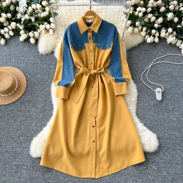 LE2668 Denim Patchwork Women'S Dress Niche Vintage Color Combination Long-Sleeved Single-Breasted Strap Shirt Office Woman Dress - Image 3
