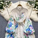 LE2631 Minority Court Style Large Size Printed Dresses Anding Collar Lantern Long Sleeve Evening Robe Elegant Party Maxi Dresses