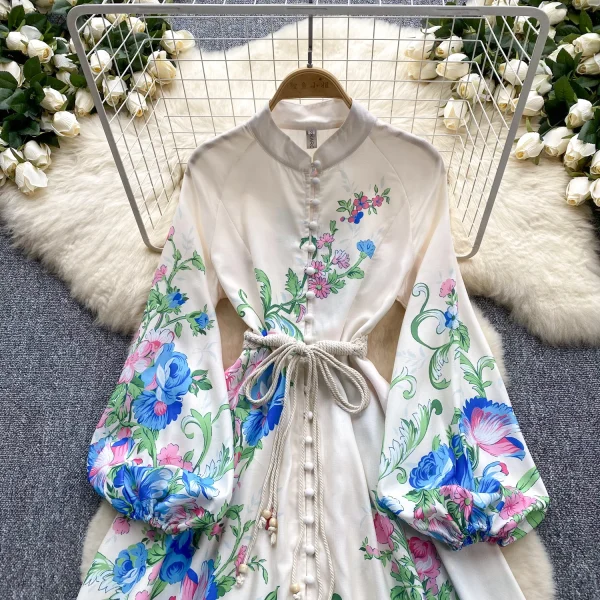 LE2631 Minority Court Style Large Size Printed Dresses Anding Collar Lantern Long Sleeve Evening Robe Elegant Party Maxi Dresses - Image 4