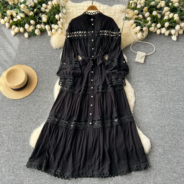 LE2620 Autumn Vintage Hollow Hook Flower Lace Dresses Elegant Women'S Boutique Women'S Boutique Socialite Long Dress - Image 5
