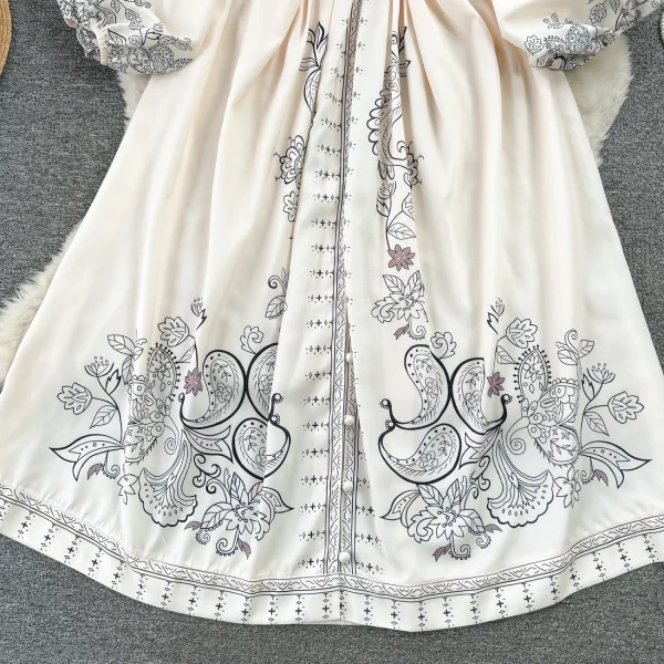 LE2586 Vintage Printed Dresses Autumn Lantern Long Sleeve V-Neck Holiday Dress Women Boutique Belted Midi Party Dresses Robe - Image 4