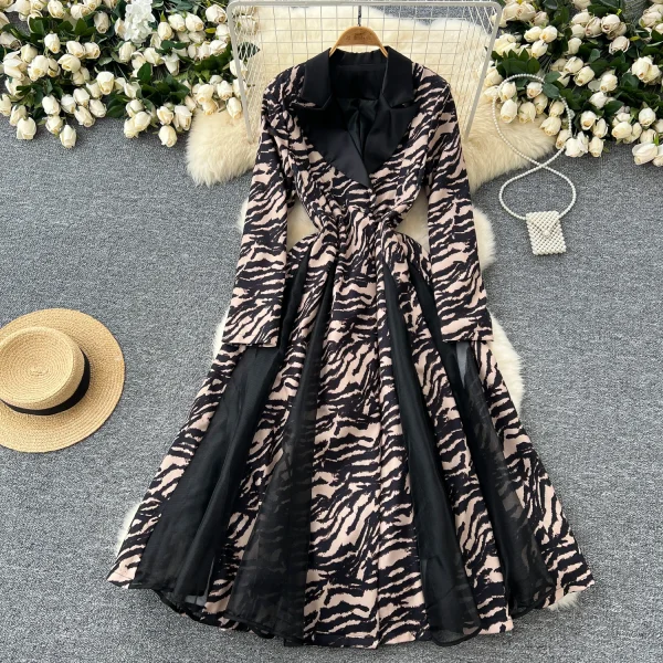 LE2766 Niche Women'S Dress 2025 Autumn Printed Dress Senior Sensor-Mesh Patchwork Print Suit Collar Waist Long Skirt - Image 2