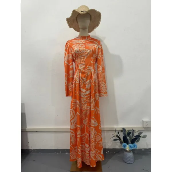 LE2701 Middle East Banquet Long Evening Dress Lady 2025 Autumn Exotic Stand Collar Long-sleeved Printed Maxi Dress Women