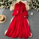 LE2579 Women Boutique Pleated Elegant Party Dresses Female Diamond-Embedded Lantern Long Sleeve Chiffon Evening Gown Women Dress