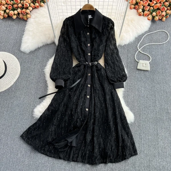 LE4776 Spring and Autumn Long Sleeve Maxi Dress Lapel Single Breasted Lace Dress Elegant Temperament Long Skirt