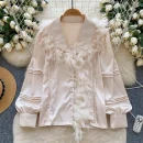LW0705 Light Luxury Senior Sense Lapel Shirt Women Feather Splicing Temperament Blouses Elegant Women