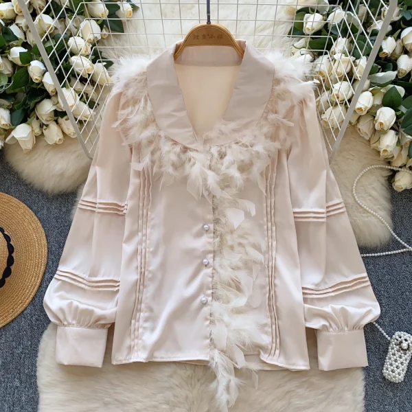 LW0705 Light Luxury Senior Sense Lapel Shirt Women Feather Splicing Temperament Blouses Elegant Women - Image 2