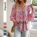 Casual  Women's Printed Shirt Temperament V-neck Long Sleeved Top
