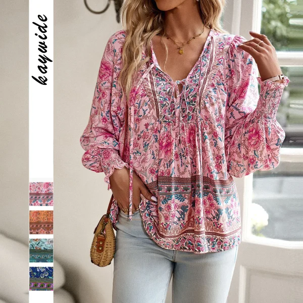 Casual  Women's Printed Shirt Temperament V-neck Long Sleeved Top - Image 3