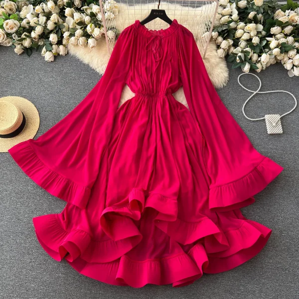 LE2638 Cape-Style Women'S Gown Luxury Retro High Fashion V-Neck Lace-Up Trumpet Sleeves Peplum Temperament Long Casual Dresses