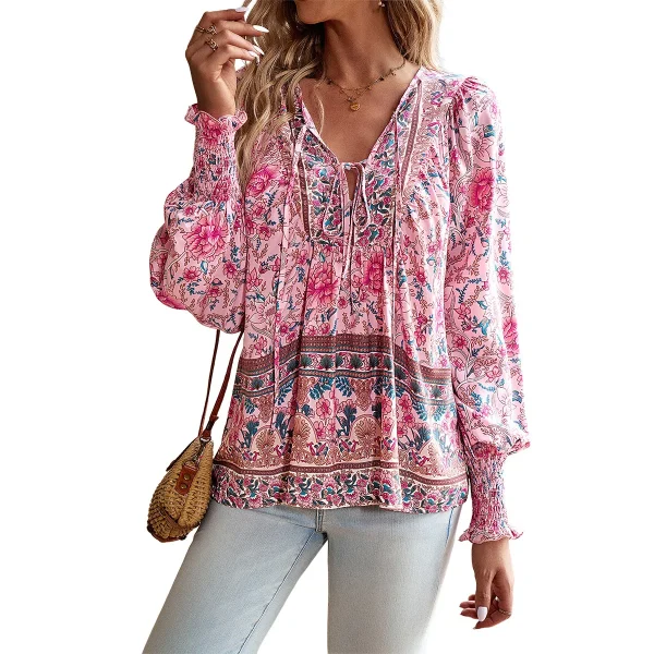 Casual  Women's Printed Shirt Temperament V-neck Long Sleeved Top