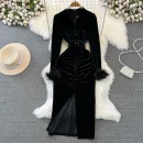 LE2661 Autumn Socialite Midi Evening Dresses Woman Femininity Dinner Dress Velvet Pleated Slit Cover Hip Canary Dresses Female
