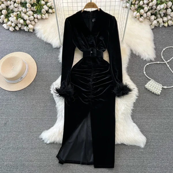 LE2661 Autumn Socialite Midi Evening Dresses Woman Femininity Dinner Dress Velvet Pleated Slit Cover Hip Canary Dresses Female - Image 3