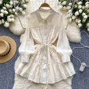 LE4779 Vintage Lapel Single Breasted Ladies Dress Strap Waist Dress Women Chic Court Vintage Lace Patchwork A-Line Skirt