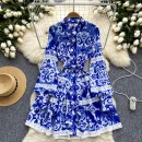 LE2578 Blue and White Print Mini Elegant Dresses Female Stand Collar Pearl Single Breasted Lace Women'S Boutique A-Line Dresses