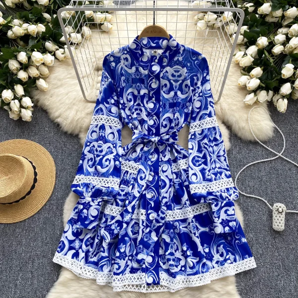 LE2578 Blue and White Print Mini Elegant Dresses Female Stand Collar Pearl Single Breasted Lace Women'S Boutique A-Line Dresses