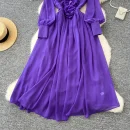 LE4782 Elegant Dress Dress for Ladies Dress Fall Niche Advanced Sense Three-Dimensional Flower V-Neck Waist Show Slim Skirt